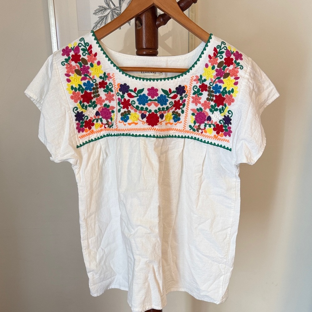 Embroidered White Top with Multicolor Floral Design